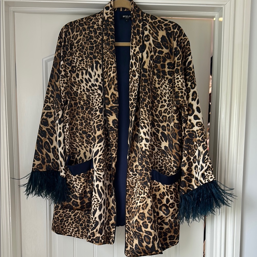 Leopard Print Kimono with Feather Trim
